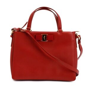 Salvatore Ferragamo Small Red Tracy Bow Tote Saffiano Leather